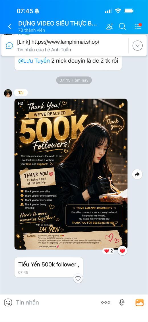 Học viên đạt 500K follower